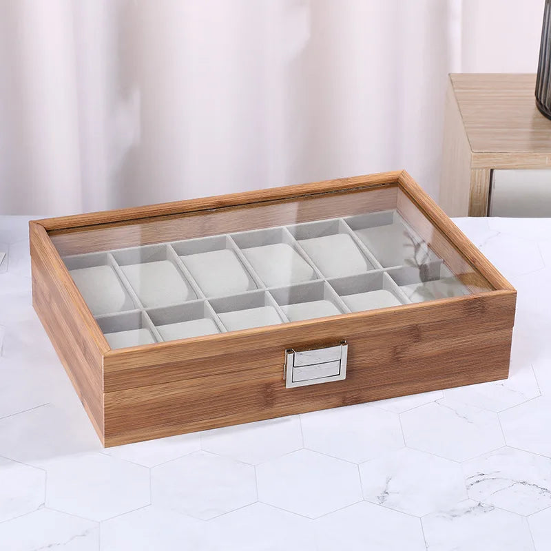 12-Slot Bamboo Watch Box with Clear Lid