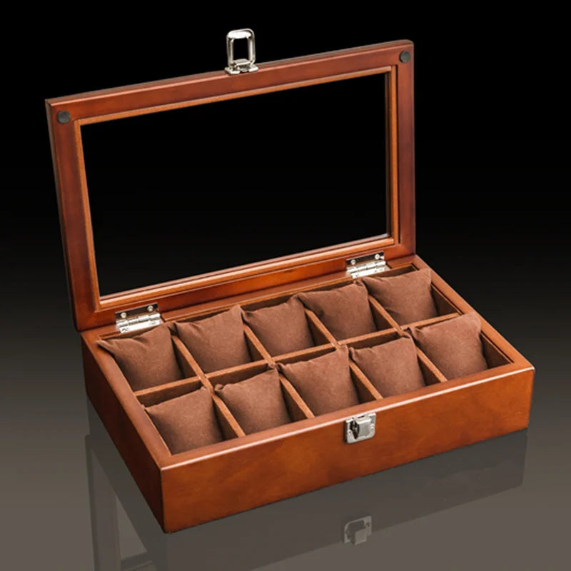 10-Slot Wooden Watch Box with Glass Lid
