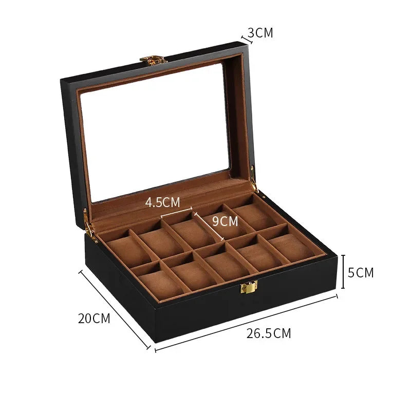10-Slot Lacquered Wooden Watch Box with Glass Lid