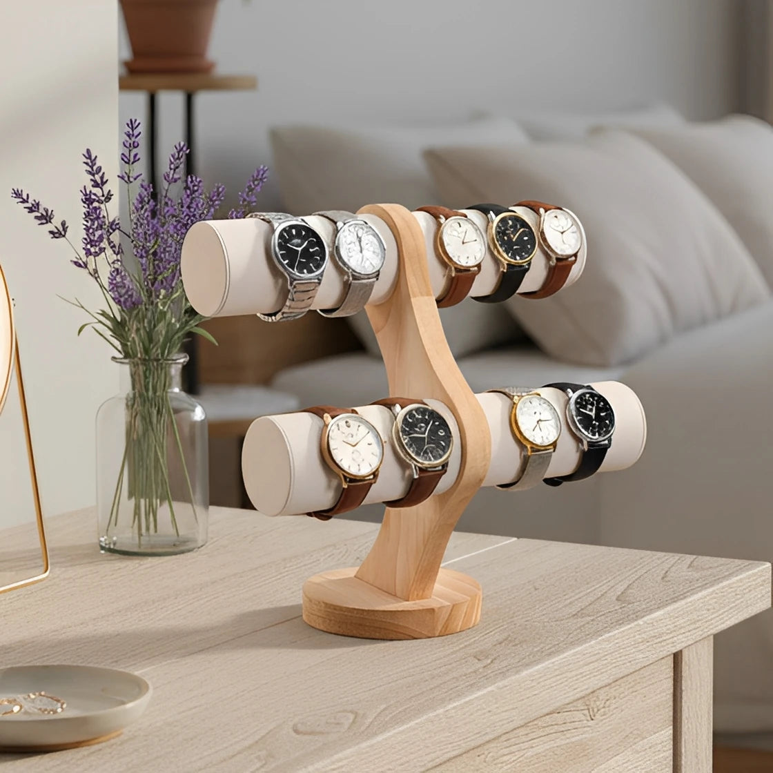 Two-Tier Curved Wooden Watch Display Stand