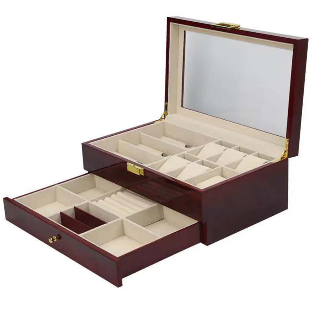 Lacquered Wood Watch & Sunglasses Box with Jewelry Drawer