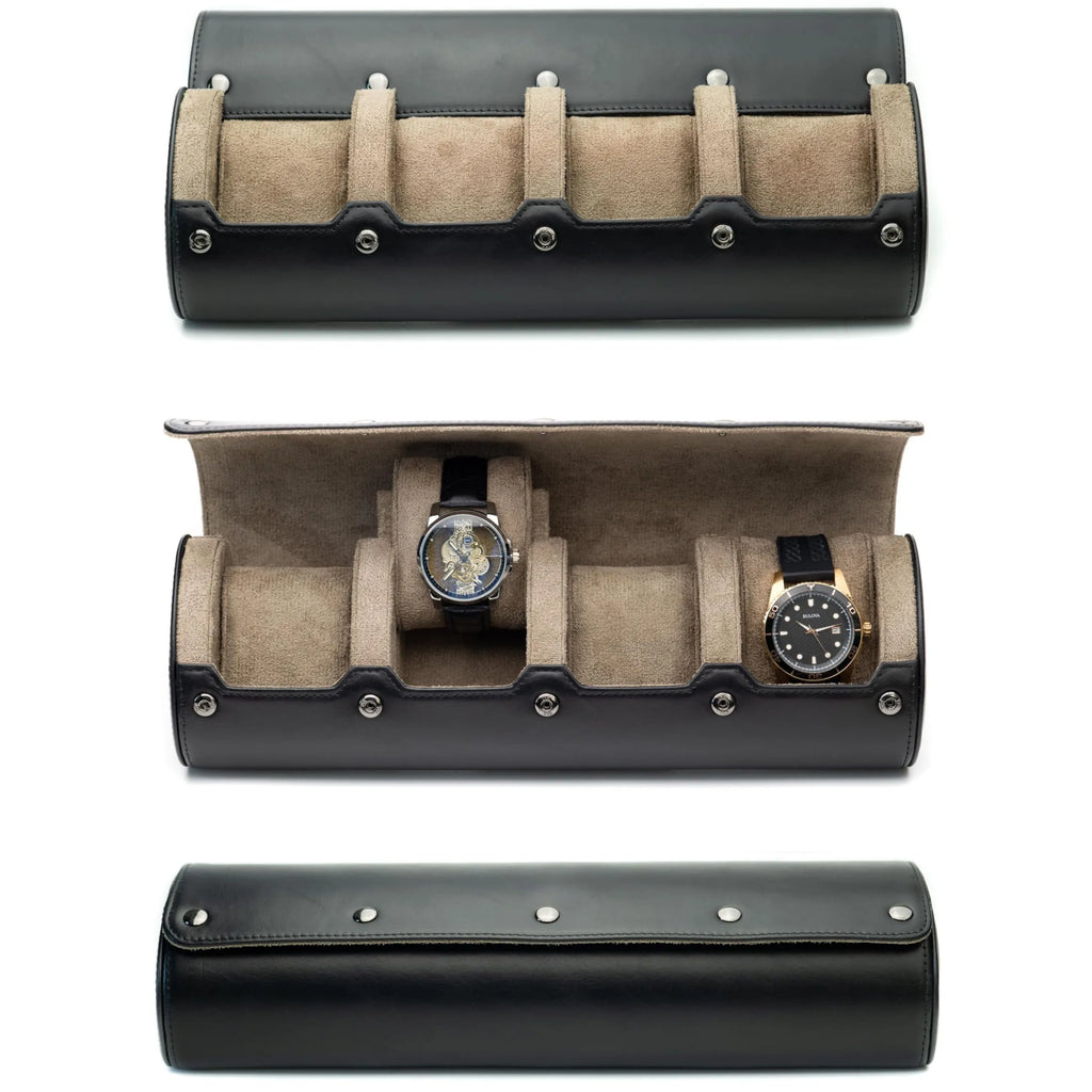 4-Slot Faux Leather Watch Roll with Removable Pillows