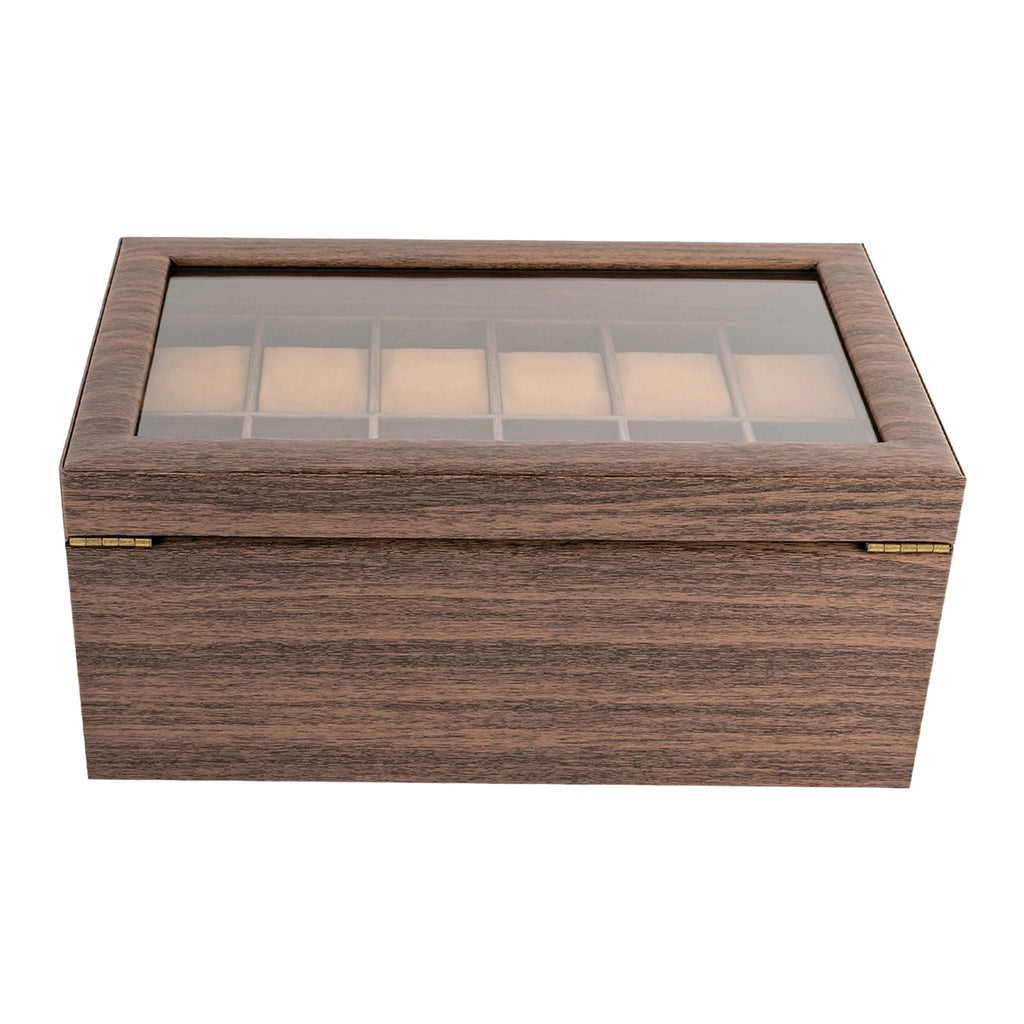24-Slot Walnut Wood-Grain Watch Box with Drawer