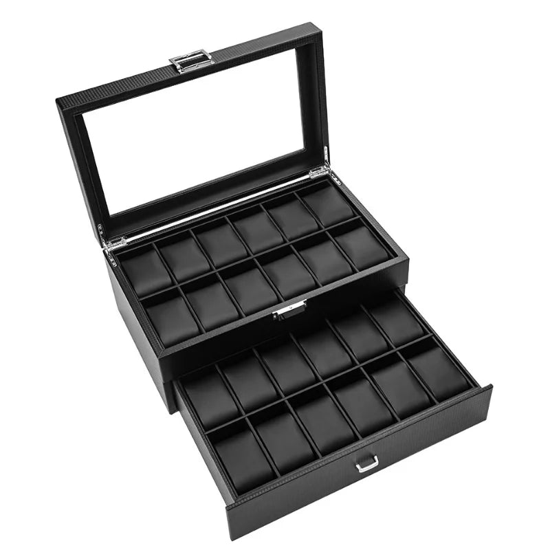 24-Slot Black Faux Leather Watch Box with Drawer