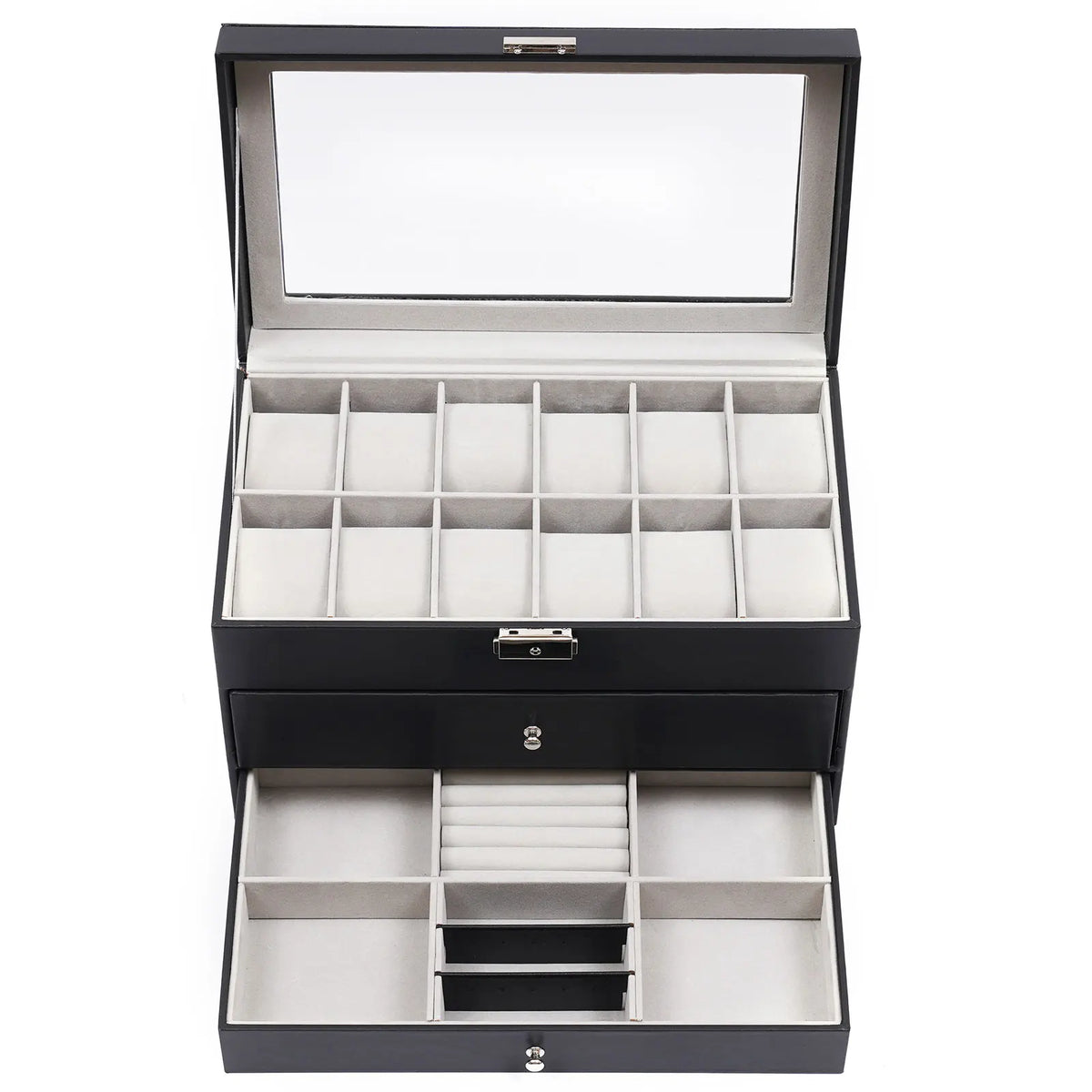 12-Slot Lockable Watch Box with Two Drawers