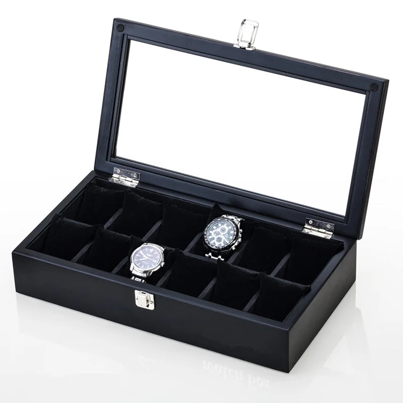 Luxury 12-Slot Wooden Watch Box with Glass Lid