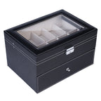 20-Slot Black Faux Leather Watch Box with Drawer