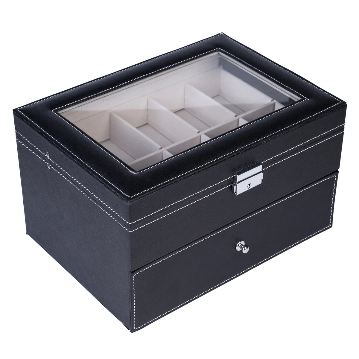 20-Slot Black Faux Leather Watch Box with Drawer