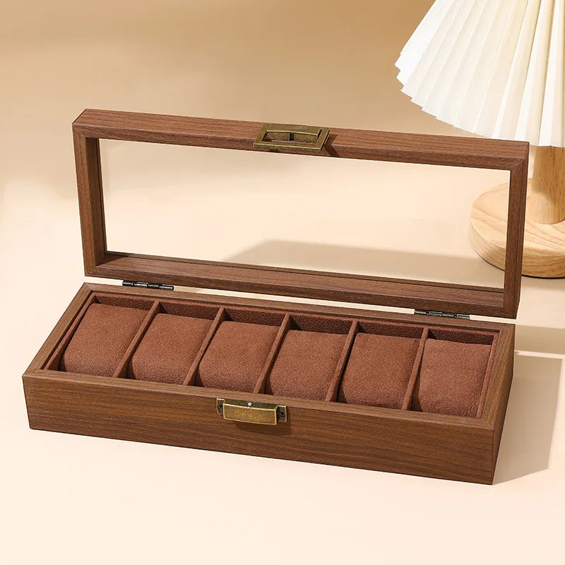 6-Slot Walnut Watch Box with Glass Window