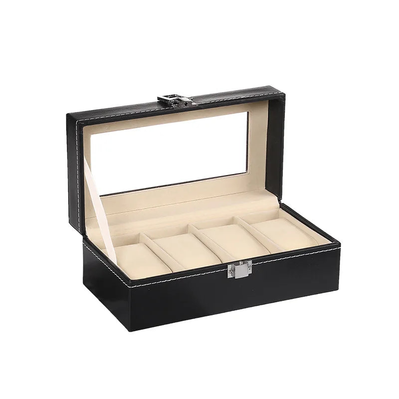 4-Slot Faux Leather Watch Box with Glass Window