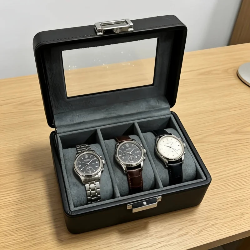 3-Slot Leather Watch Box with Clear Lid