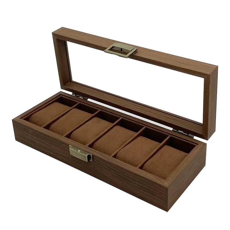 6-Slot Walnut Watch Box with Glass Window