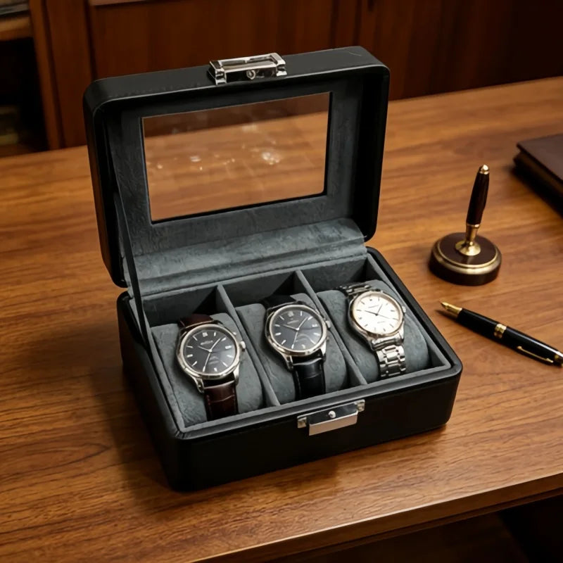 3-Slot Leather Watch Box with Clear Lid