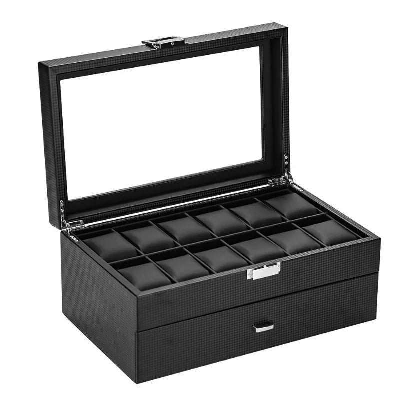 24-Slot Black Faux Leather Watch Box with Drawer