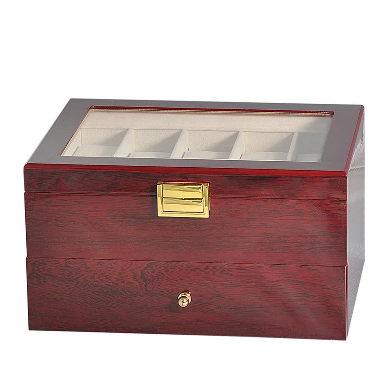 20-Slot Wine Red Lacquered Wood Watch Box with Drawer