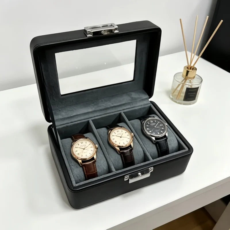 3-Slot Leather Watch Box with Clear Lid