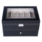 20-Slot Black Faux Leather Watch Box with Drawer