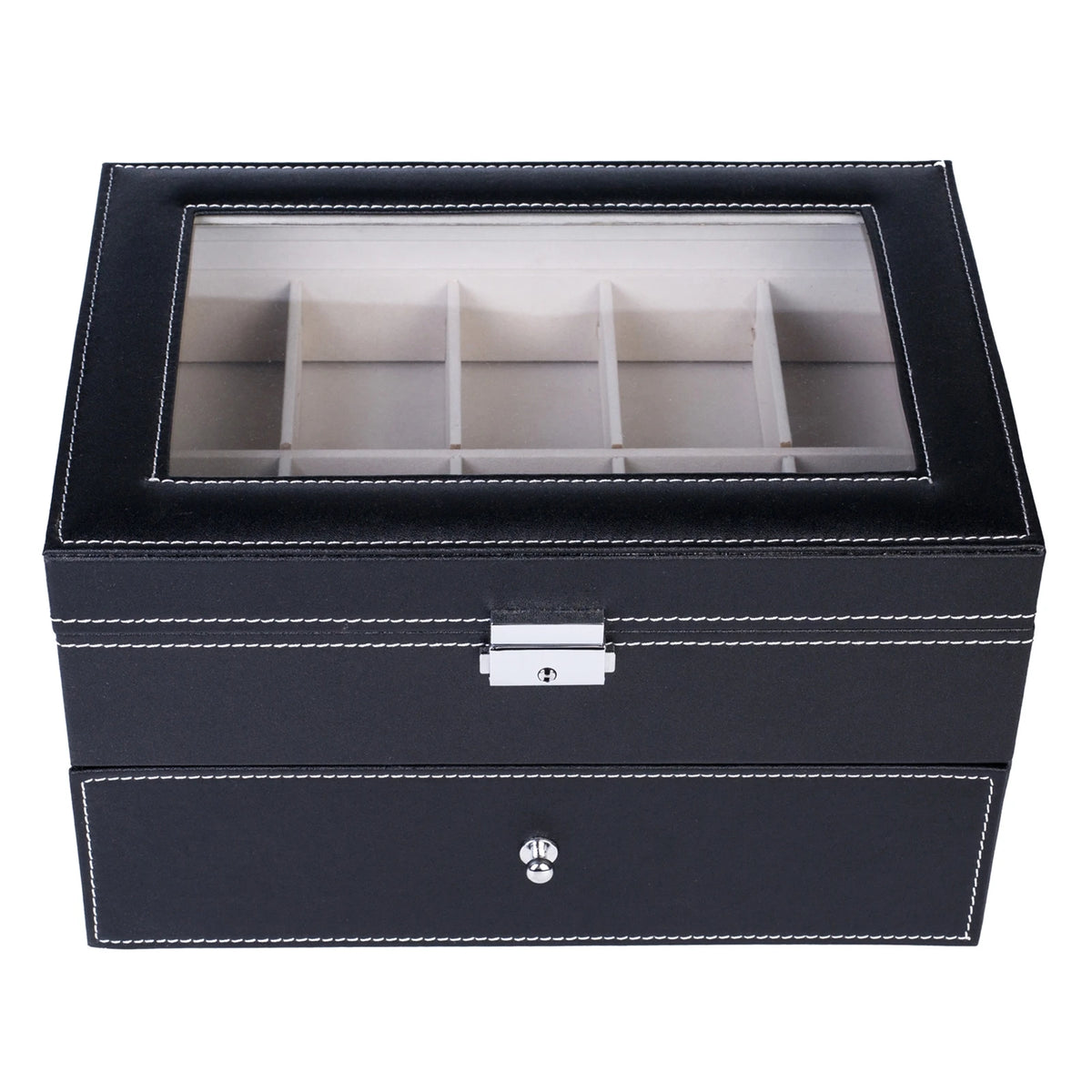 20-Slot Black Faux Leather Watch Box with Drawer