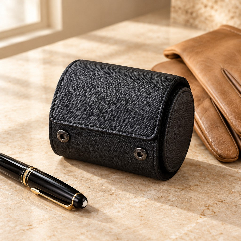 Black 1-slot leather watch roll closed, beside a fountain pen and leather gloves