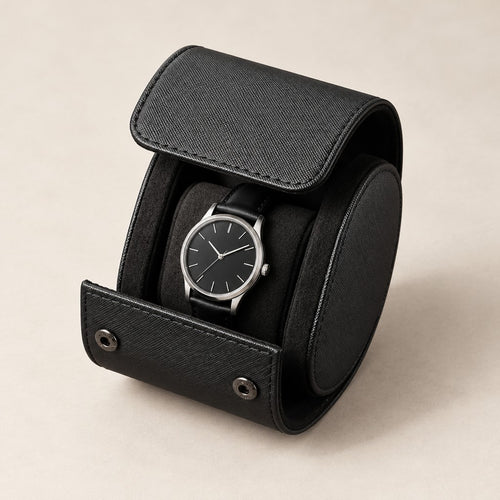 Black 1-slot leather watch roll open