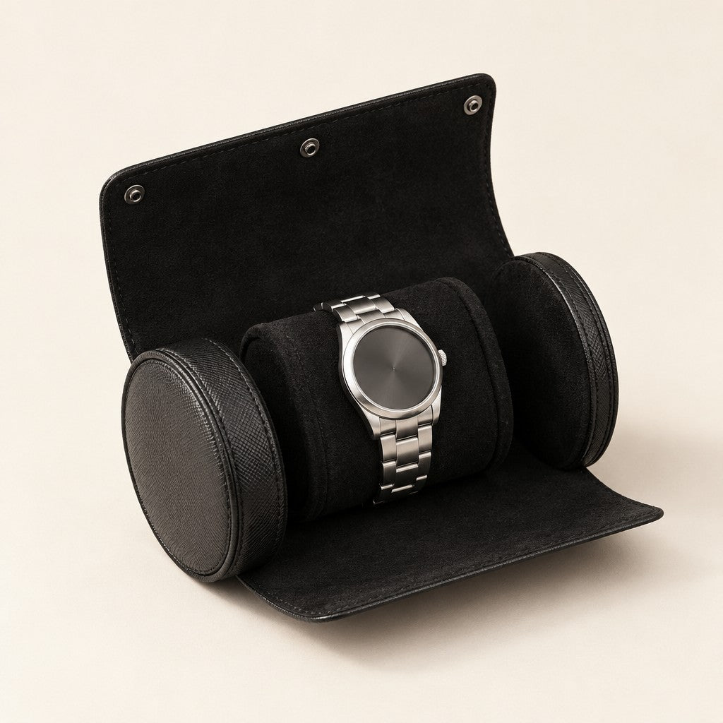 Black 1-slot watch roll open with a watch on its black pillow