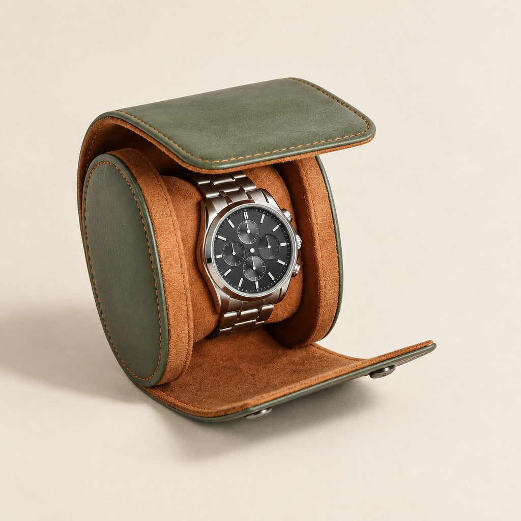 Green 1-slot watch roll open, with a watch on its tan pillow