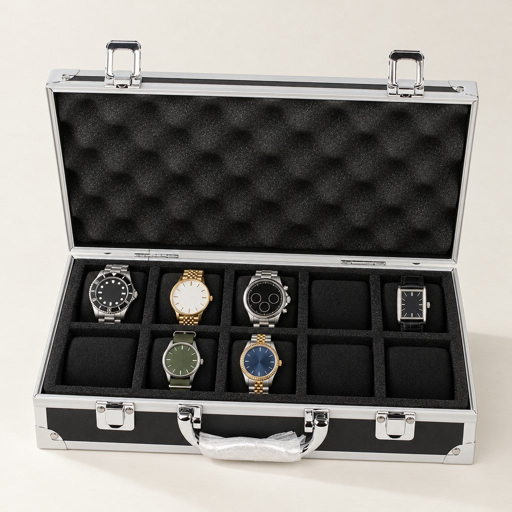 10-slot aluminum watch case with black panels, open with seven watches