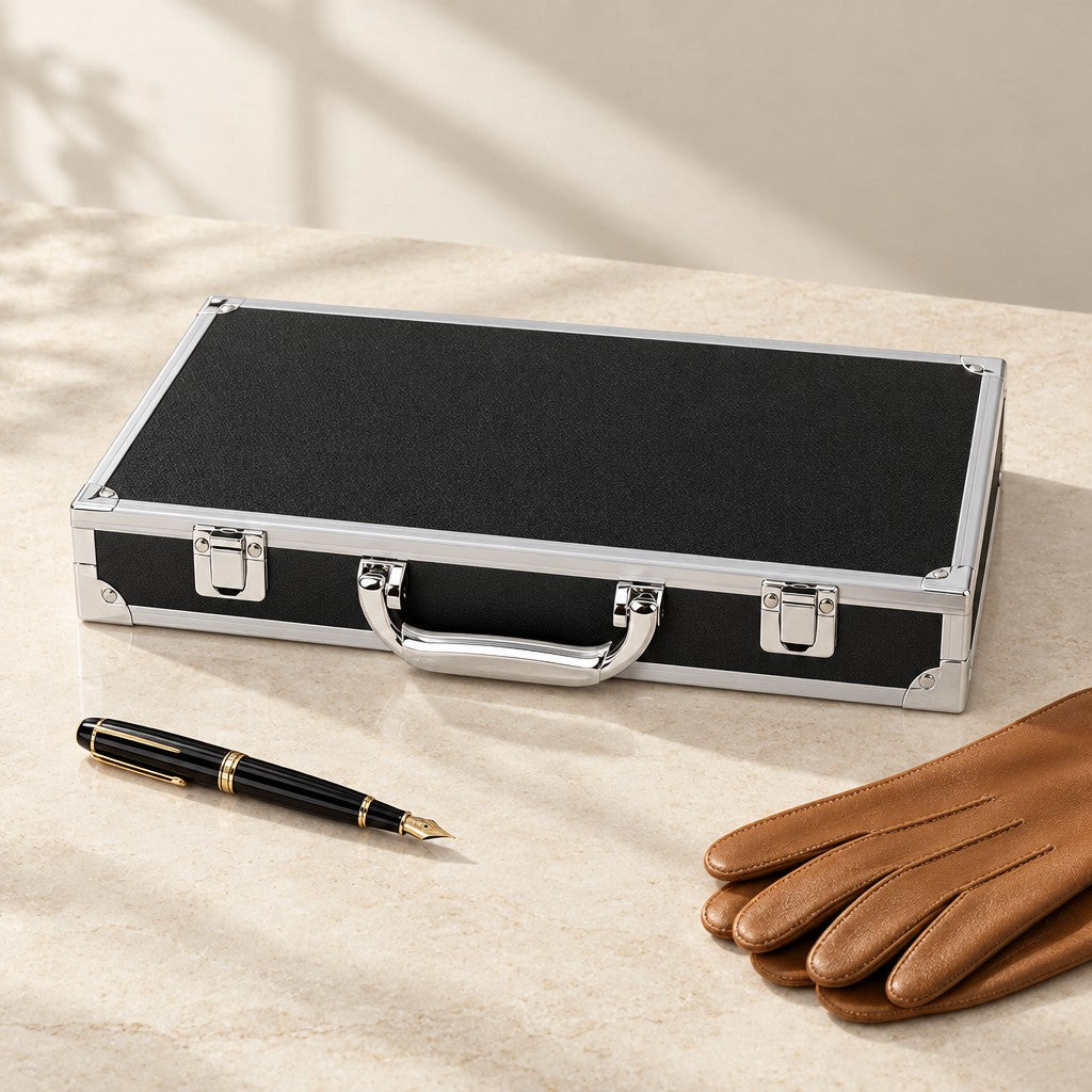 Aluminum watch case closed, beside a fountain pen and leather gloves