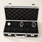 Top view of the 10-slot aluminum watch case with a 36 mm, a 42 mm and a 45 mm watch