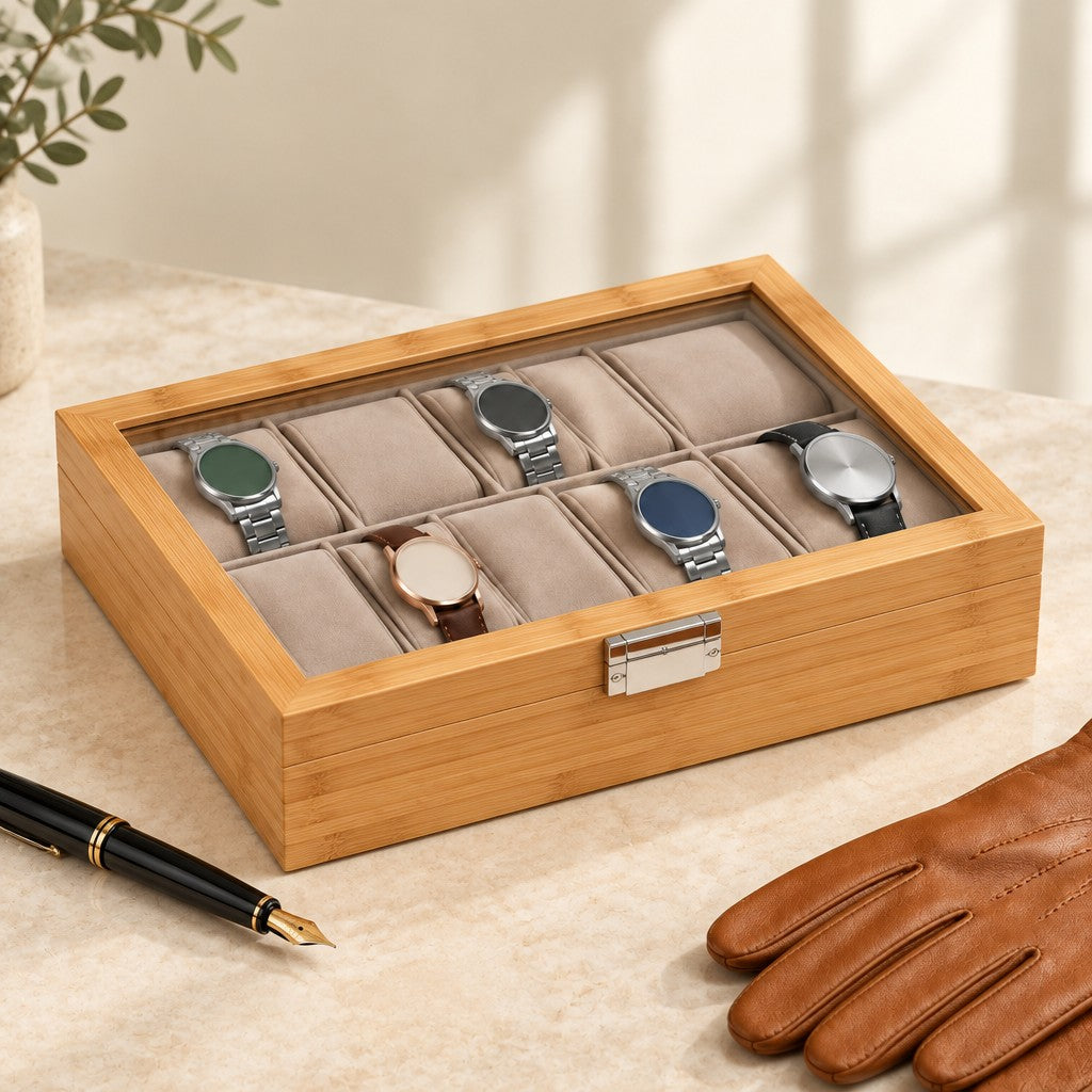 10-slot bamboo watch box closed, beside a fountain pen and leather gloves
