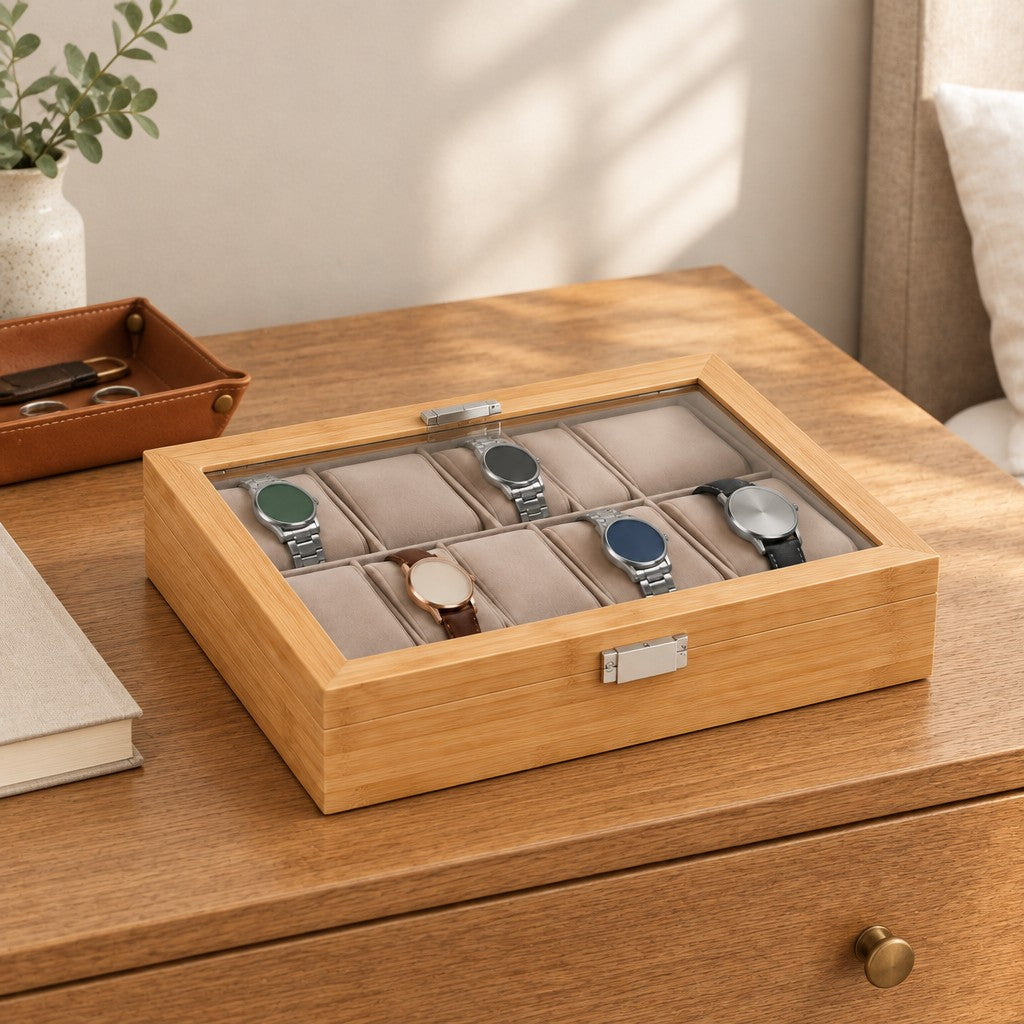 The 10 slot bamboo watch box on a chest of drawers, for scale