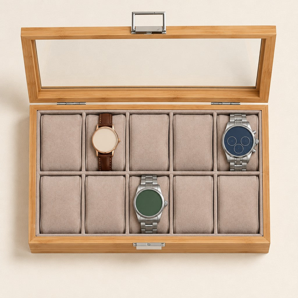 Top view of the 10 slot bamboo watch box with a 36 mm, a 42 mm and a 45 mm watch