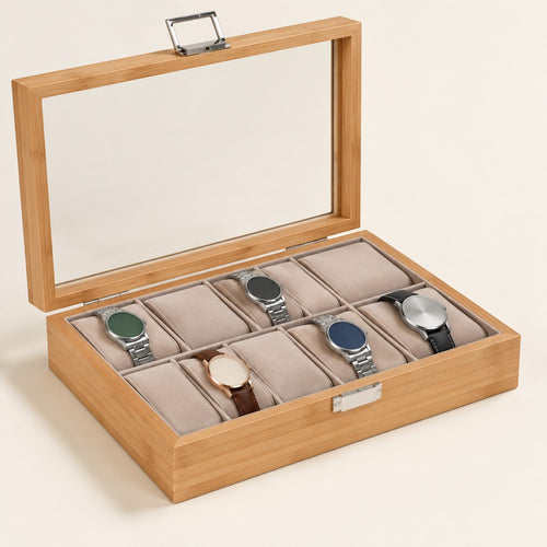 10-slot bamboo watch box with the clear lid open