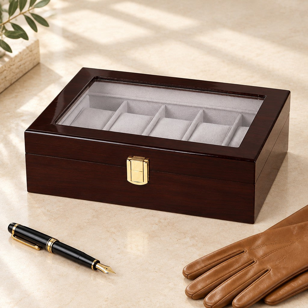 10-slot coffee lacquered wooden watch box closed, beside a fountain pen and leather gloves