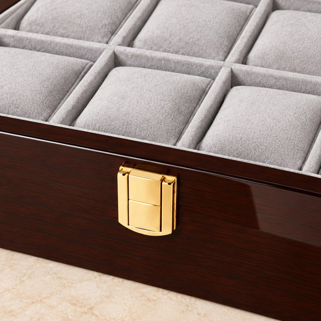 Close-up of the lining and clasp of the 10-slot coffee lacquered wooden watch box