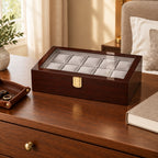 10-slot coffee lacquered wooden watch box on a chest of drawers, for scale