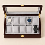 Top view of the 10-slot coffee lacquered wooden watch box with a 36 mm, a 42 mm and a 45 mm watch