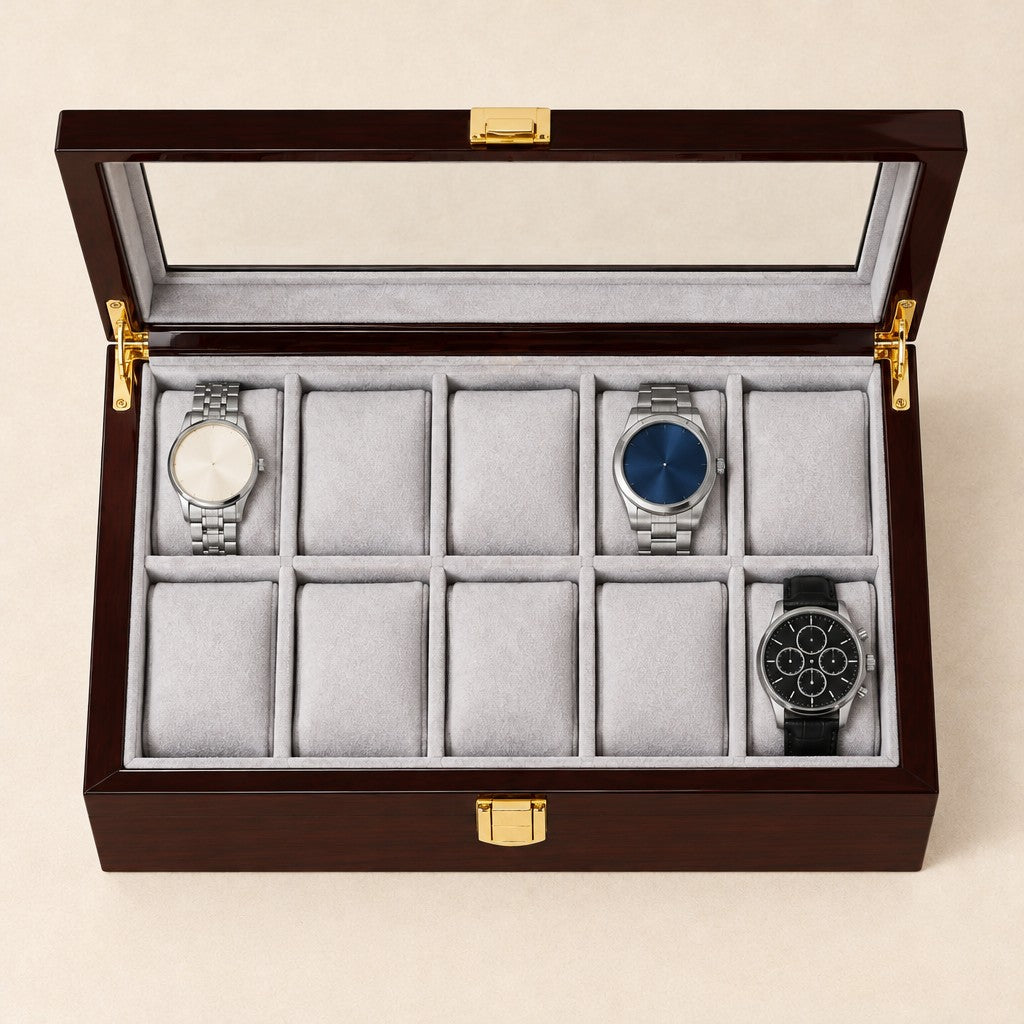 Top view of the 10-slot coffee lacquered wooden watch box with a 36 mm, a 42 mm and a 45 mm watch