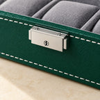 Close-up of the chrome clasp and stitched faux leather of the 10-slot watch box