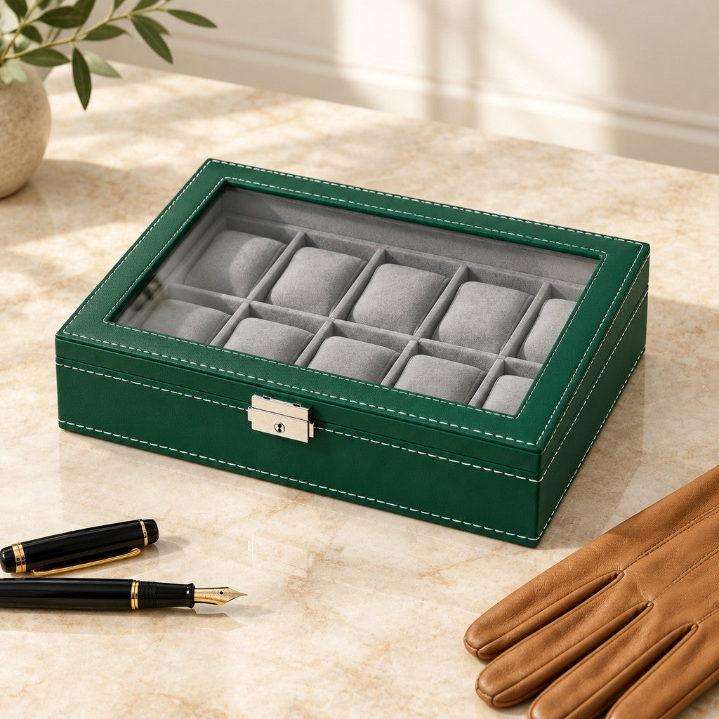 Green 10-slot watch box closed, beside a fountain pen and leather gloves