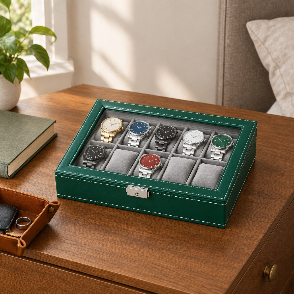 The 10 slot faux leather watch box on a chest of drawers, for scale