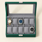 Top view of the 10 slot faux leather watch box with a 36 mm, a 42 mm and a 45 mm watch
