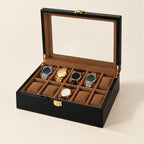 10-slot black lacquered wooden watch box, glass lid open