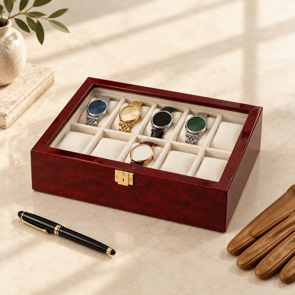 10-slot red lacquered watch box closed, beside a fountain pen and leather gloves