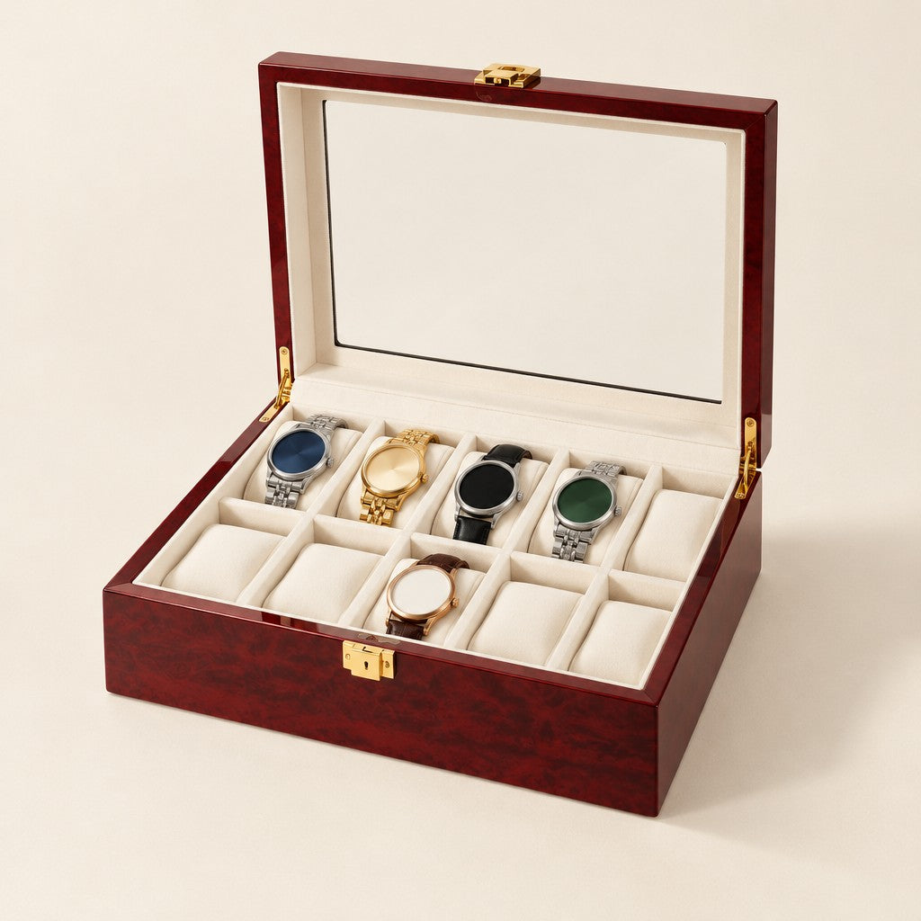 10-slot red lacquered wooden watch box, glass lid open