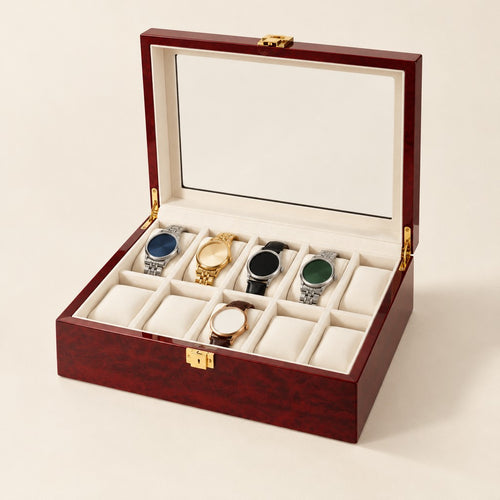 10-slot red lacquered wooden watch box, glass lid open