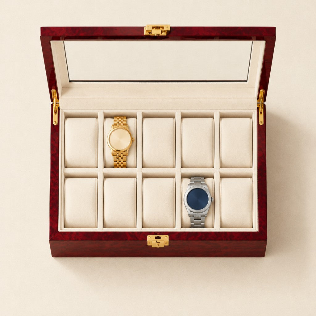 Top view of the 10 slot lacquered watch box with a 36 mm and a 40 mm watch