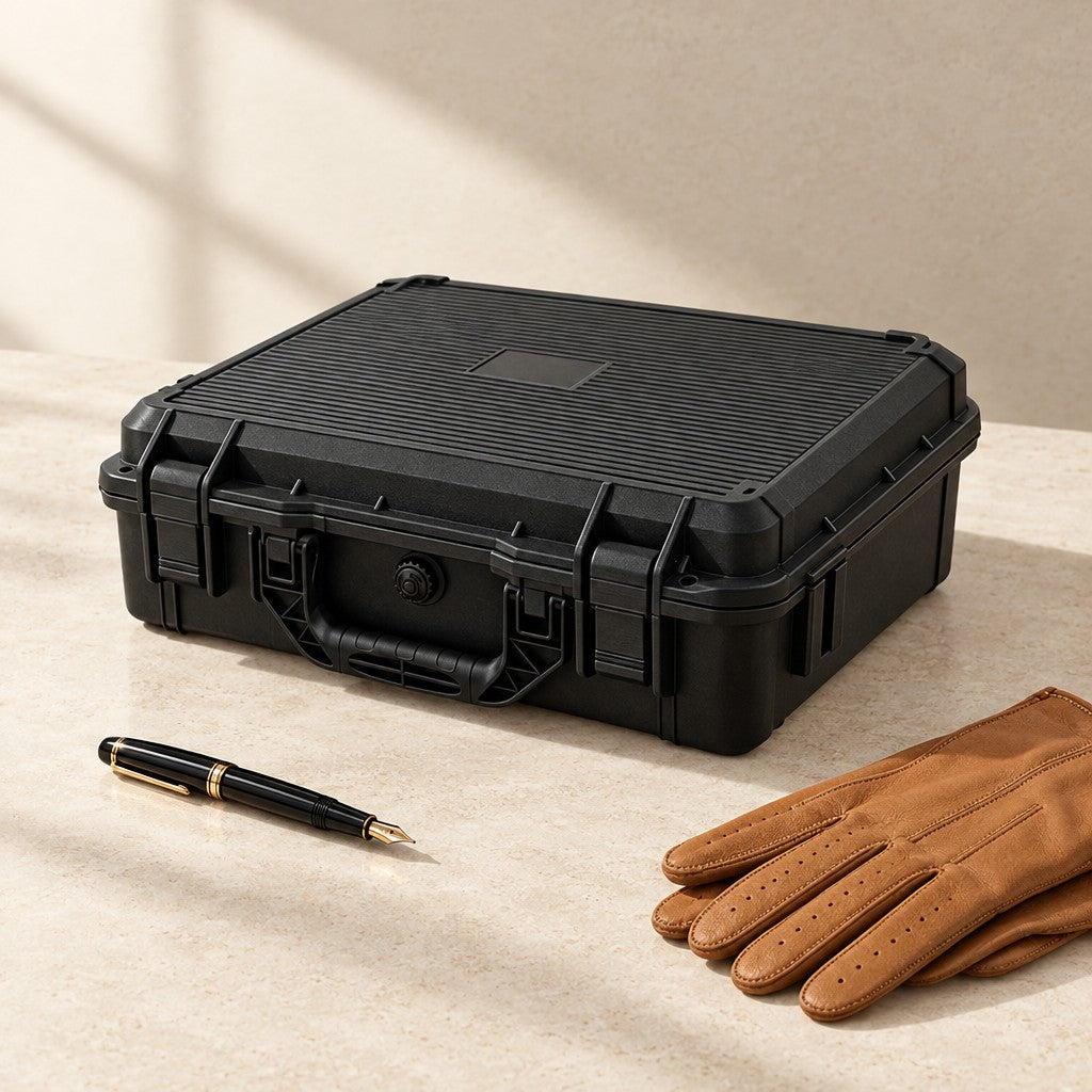 Black protective watch case closed, beside a fountain pen and leather gloves