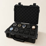 10-slot protective hard watch case, open with seven watches on foam pillows