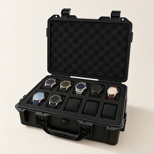 10-slot protective hard watch case, open with seven watches on foam pillows